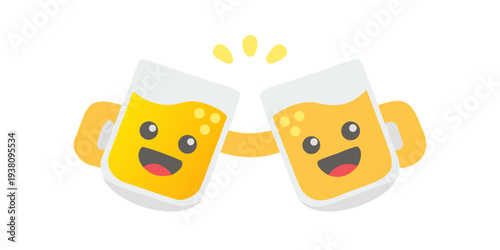 Cheerful beer mugs clinking in celebration with smiling faces on a white background

