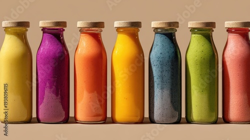 Row of colorful fruit smoothies in glass bottles