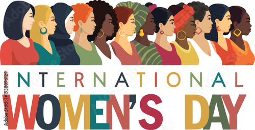 Diverse women in profile above bold International Women's Day text