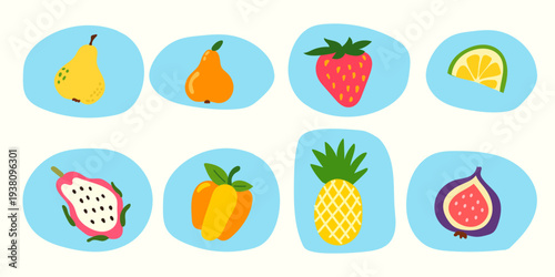 Cartoon Tropical Fruit Set. Pear, Pineapple, Pepper, Lime, Fig, Dragon Fruit, Strawberry. Vibrant Food Icon for Birthday Party Menu. Retro Summer Beach Card Symbol. Kid T Shirt Happy Positive Print.	