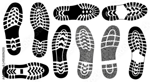 Collection of Diverse Black Shoe Sole Prints on White Background