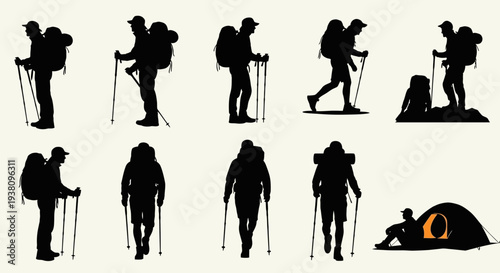 Collection of Diverse Silhouettes of Hikers with Backpacks and Trekking Poles
