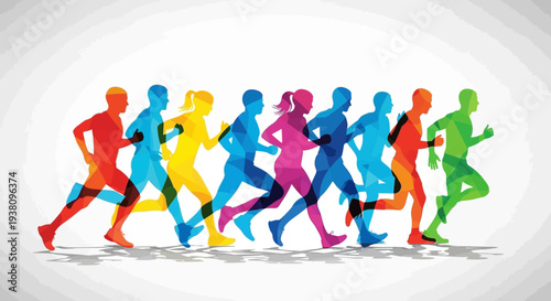 Colorful Silhouettes of Diverse People Running in Synchronized Motion
