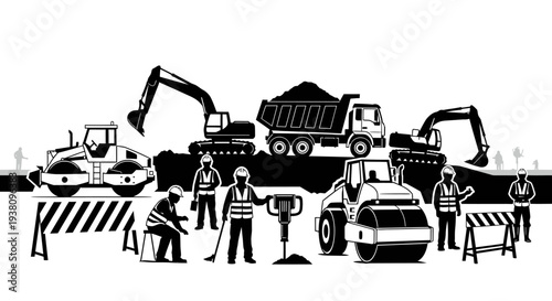 Construction Site Scene with Workers, Excavators, Dump Truck, and Road Rollers