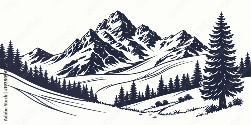 Fototapeta premium Alpine Mountain Ridge Silhouette Flat Vector Landscape