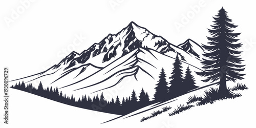 Alpine Mountain Ridge Silhouette Flat Vector Landscape