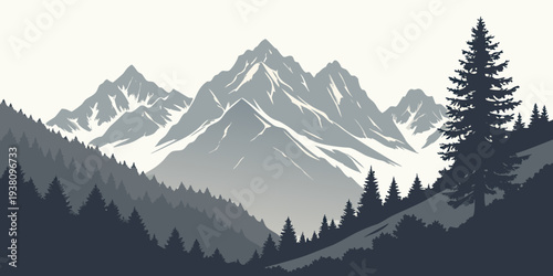 Alpine Mountain Ridge Silhouette Flat Vector Landscape