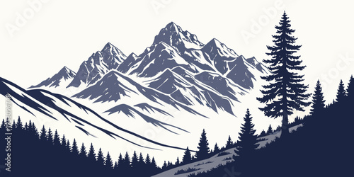 Alpine Mountain Ridge Silhouette Flat Vector Landscape