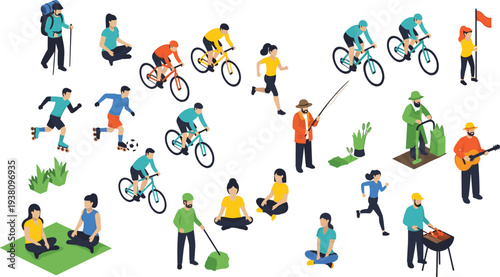 Isometric people set performing outdoor activities like cycling, jogging, hiking, fishing, barbecue, yoga, rollerskating, and playing guitar for summer recreation.