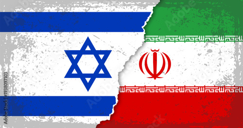Iran and Israel flags torn apart vector illustration.