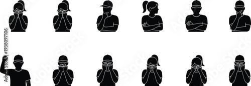 Collection of Silhouettes Featuring Men and Women with Hands on Faces and Various Thinking Poses for Mental Health Concept Designs
