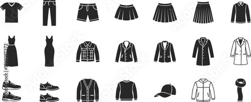 Comprehensive set of clothing and fashion icons featuring shirts pants dresses jackets shoes and accessories for retail and apparel design