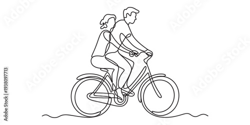 Couple on bicycles high five, happy friends riding bikes together outdoors