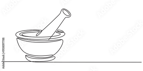 Mortar and pestle on table, simple line drawing, pharmacy tool