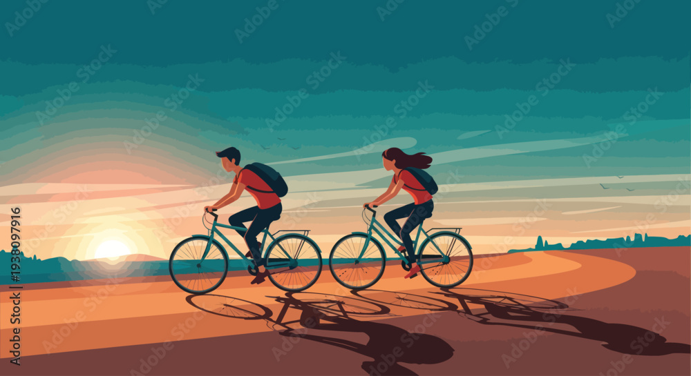 Fototapeta premium Two Cyclists Riding Bikes at Sunset.