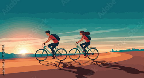 Two Cyclists Riding Bikes at Sunset.