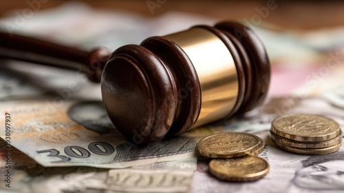 Wooden judge gavel resting on money and coins