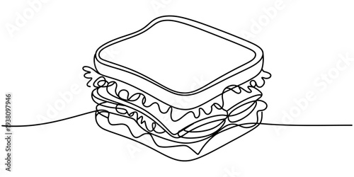 Continuous one line drawing of sandwich with lettuce and filling