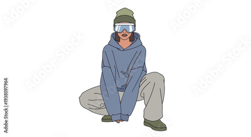 Man Wearing Snow Goggles Crouching Down.