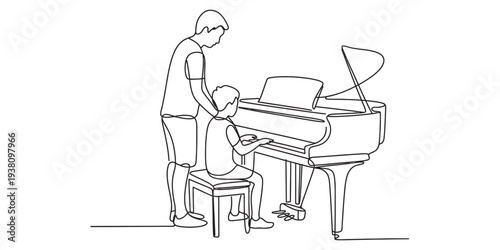 Woman teaching child to play piano, music lesson, piano class