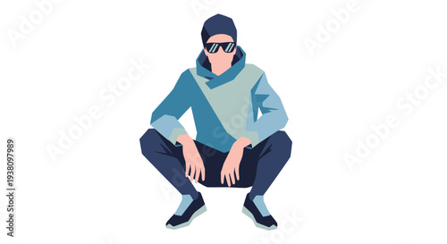 Young Man Crouching Wearing Sunglasses and Beanie.