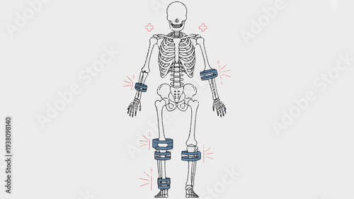 Human skeleton with highlighted joints and muscles on a plain background for anatomy studies