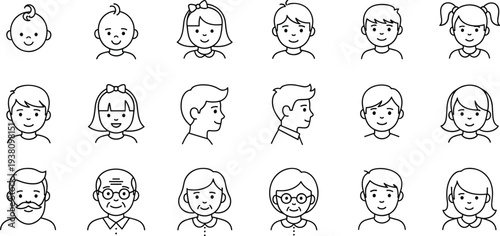 Large Collection of Minimalist Line Icons Representing Human Life Stages from Infancy and Childhood to Adulthood and Senior Elderly Years