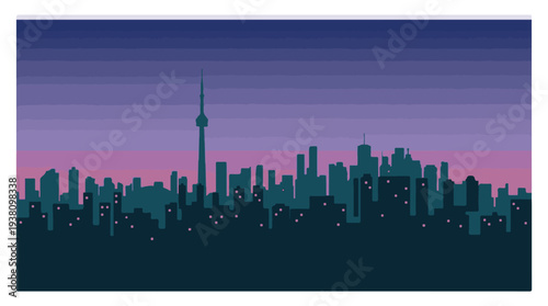 Stylized vector illustration of a modern city skyline at dusk with glowing windows