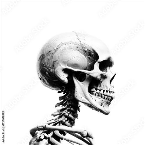 Halftone monochrome illustration of a human skull and upper skeleton in side view. Anatomical bone structure isolated on light background, concept of anatomy, mortality, medical study and Halloween sy