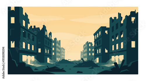 Destroyed city street with ruined buildings and rubble after conflict