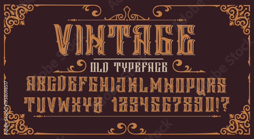 Vintage Old Typeface - Decorative Victorian Alphabet with Copper Letters and Ornaments on Brown Background