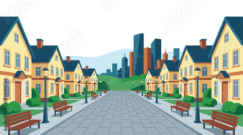 Residential street with colorful houses, streetlights, and cityscape background