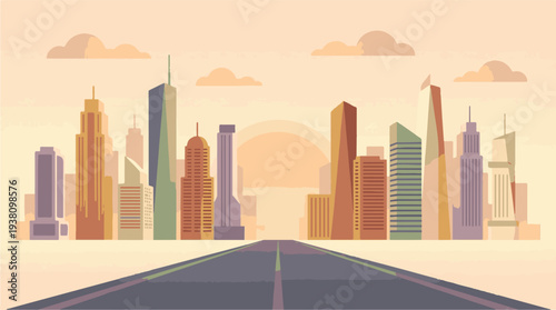 Modern cityscape with road leading into buildings at sunrise or sunset