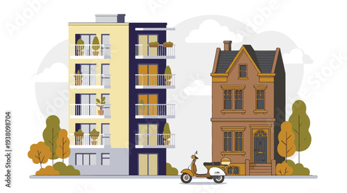 Modern Apartment Building and Traditional House with Scooter in City Scene