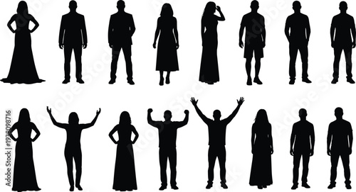 Set of diverse people silhouettes in various standing and cheering poses featuring men and women in casual and formal attire isolated