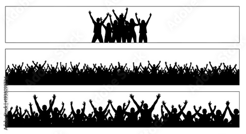 Diverse Crowd Cheering and Celebrating with Hands Raised in Silhouette