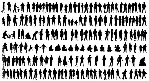 Diverse Crowd of People Silhouettes: Men, Women, and Children in Various Poses