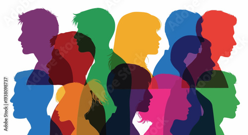 Diverse Colorful Silhouettes of People in Profile Against White Background