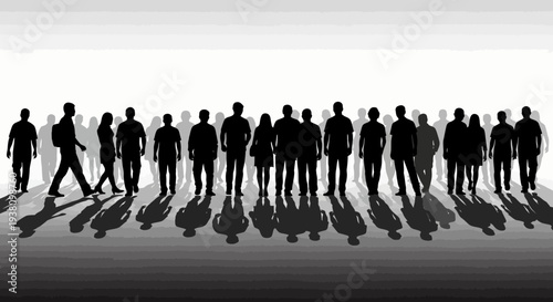 Diverse Crowd of Silhouettes Standing Together with Shadows in a Modern Artistic Style
