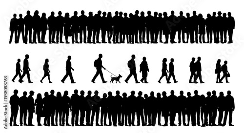 Diverse Crowd Silhouettes: Groups of People in Varied Poses and Settings