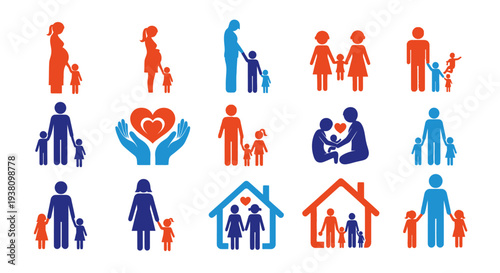 Diverse Family and Community Icons: Love, Home, and Support Symbols