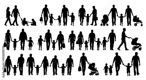 Diverse Families Silhouettes: Parents and Children Walking Together, Representing Unity