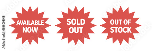 Red Availability Badges Set PNG, Featuring Flat Labels or Stickers for Available Now, In Stock, Out of Stock, and Sold Out Status Indicators.