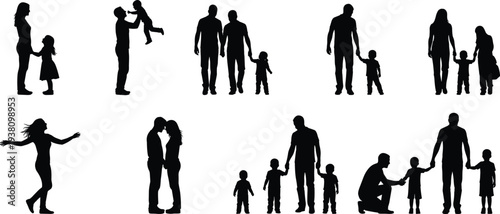 Black Silhouette of Happy Family Standing Outside Suburban Houses with Large Tree and Car Illustration for Real Estate Home Ownership Concept