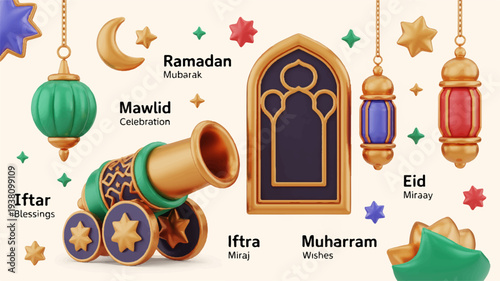 Ramadan kareem and eid mubarak decorations with lanterns stars and traditional arabic window