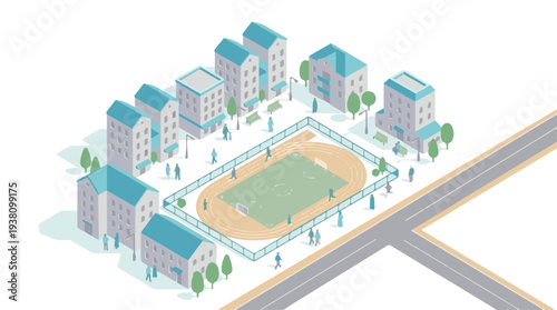 Isometric urban landscape with sports stadium, running track, and buildings