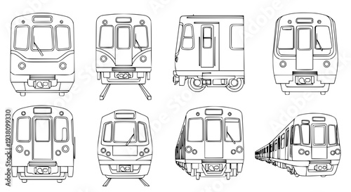 Minimalist metro train vector sketch collection for coloring and transport illustrations