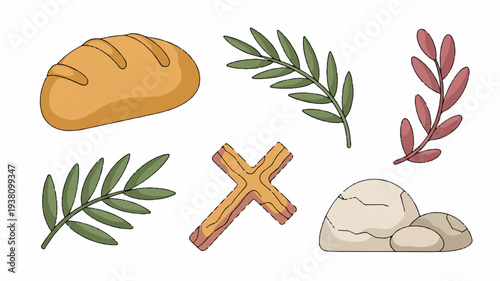 Bread olives and wood cross with leaves on white background symbolizing faith and spirituality in a simple flat illustration style
