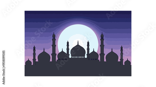 Mosque silhouette against a moonlit night sky with stars, Islamic architecture