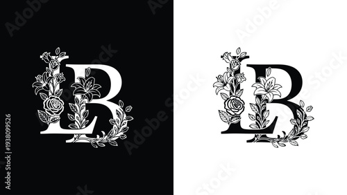 A beautiful floral design letter B on black and white backgrounds